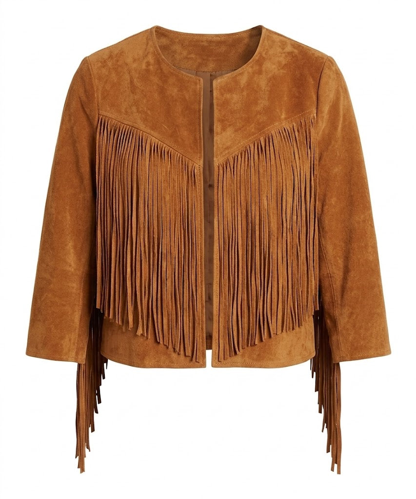 Wild West Fringed Suede Crop Jacket – Boho Cowgirl Open Front Cardigan