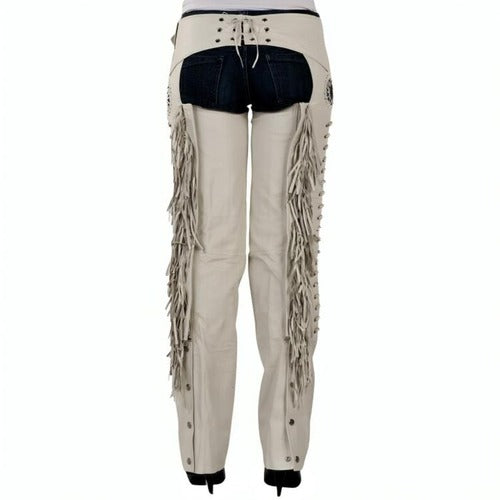 Women Western Leather Fringe Beaded Chaps – Cowgirl Rodeo Riding Pants