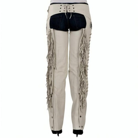 Women Western Leather Fringe Beaded Chaps – Cowgirl Rodeo Riding Pants