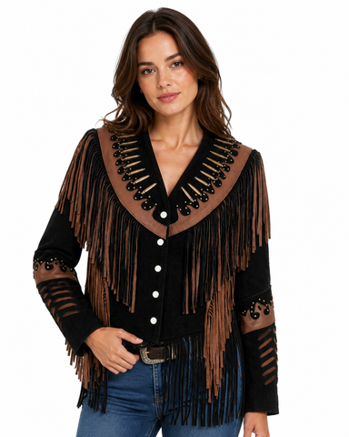 Women Western Suede Fringe Jacket Beaded Bone Detail Cowgirl Leather Coat