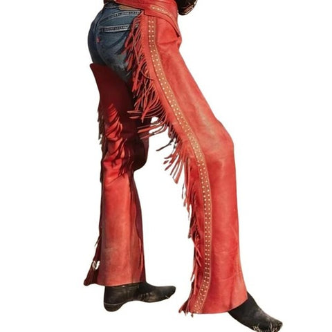 Women Western Suede Leather Fringe Chaps – Cowgirl Rodeo Riding Pants with Studs Adjustable Fit