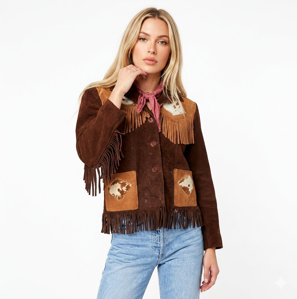 Women's Brown Suede Western Fringe Jacket | Cowhide Patch Cowgirl Coat