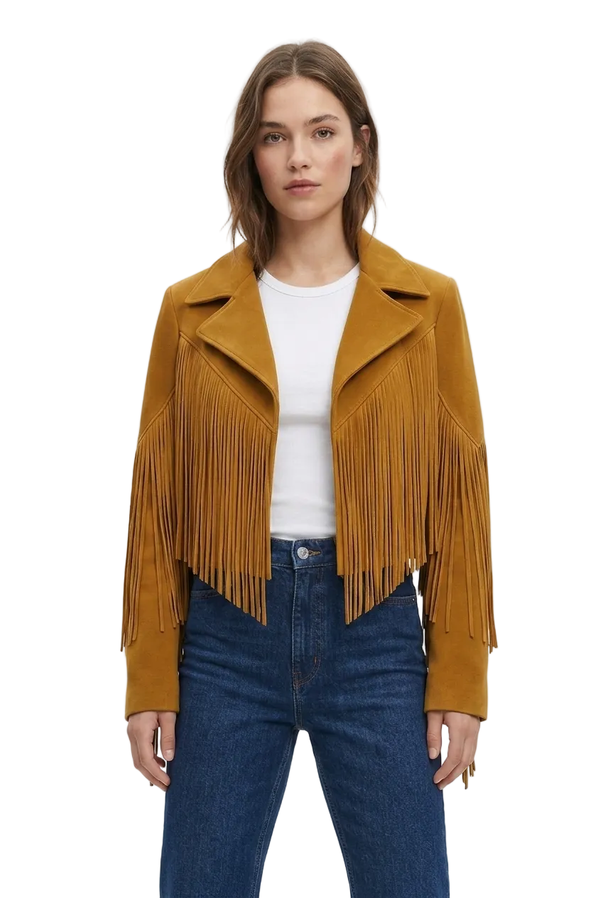 Women’s Leather Fringe Jacket – Cropped Biker Western Style