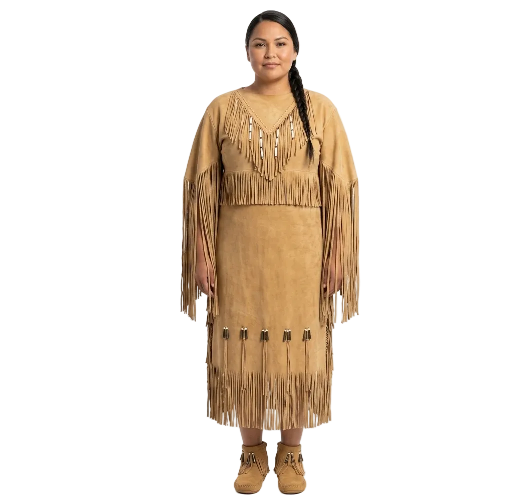 Women’s Long Genuine Suede Leather Fringe Dress – Handcrafted Statement Maxi Dress