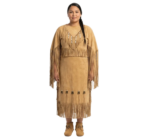 Women’s Long Genuine Suede Leather Fringe Dress – Handcrafted Statement Maxi Dress
