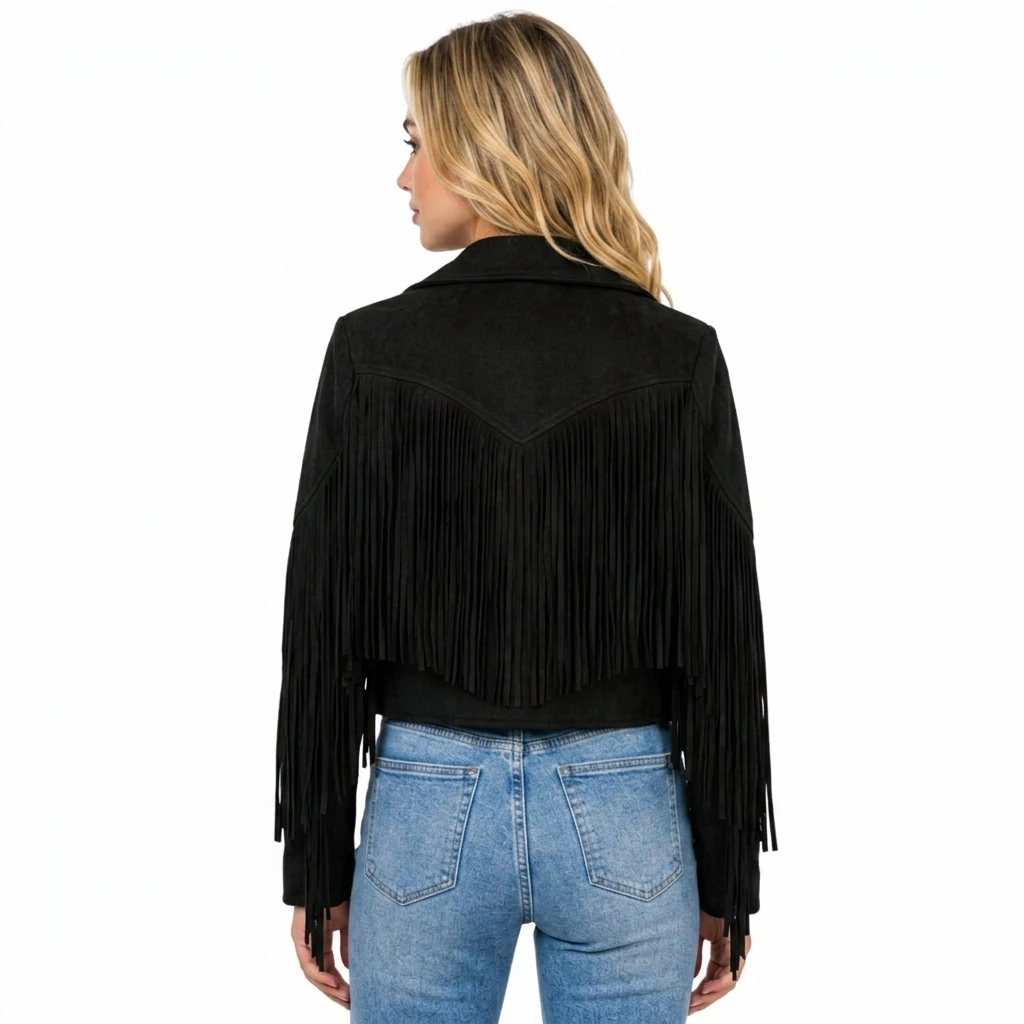 Women’s Leather Fringe Jacket – Cropped Biker Western Style