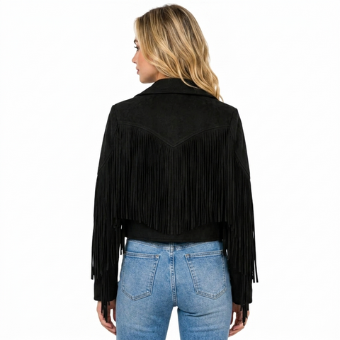 Women’s Leather Fringe Jacket – Cropped Biker Western Style
