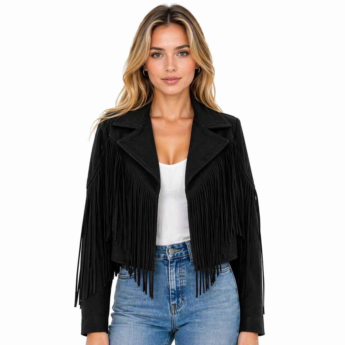 Women’s Leather Fringe Jacket – Cropped Biker Western Style