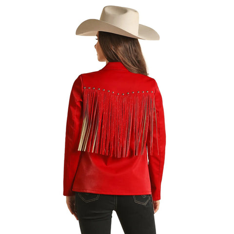 Women's Red Leather Western Fringe Blazer | Studded Cowgirl Show Jacket