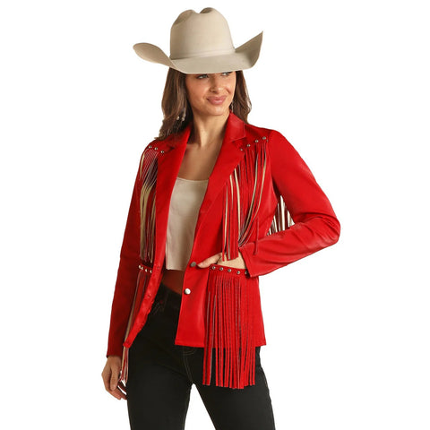 Women's Red Leather Western Fringe Blazer | Studded Cowgirl Show Jacket