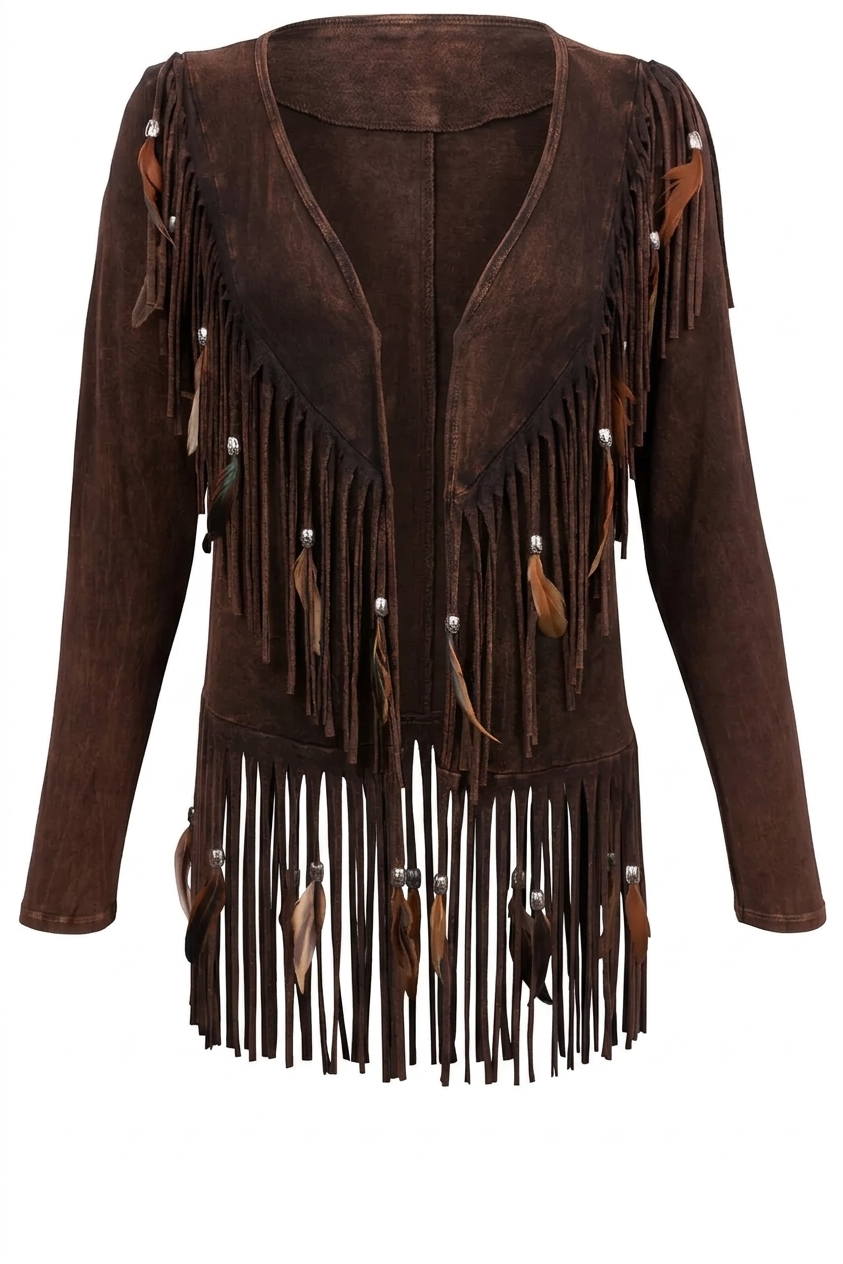 Women's Suede Fringe Cardigan | Feather Bead Leather Coat