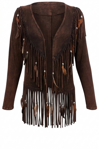 Women's Suede Fringe Cardigan | Feather Bead Leather Coat