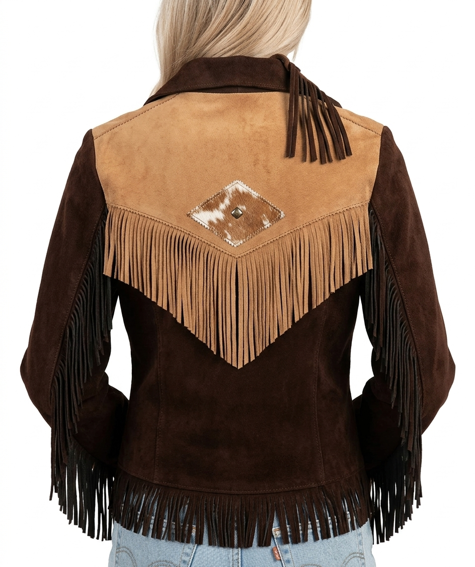 Women's Brown Suede Western Fringe Jacket | Cowhide Patch Cowgirl Coat