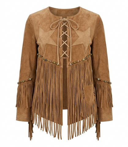 Women's Suede Western Jacket | Lace Up Star Fringe Coat