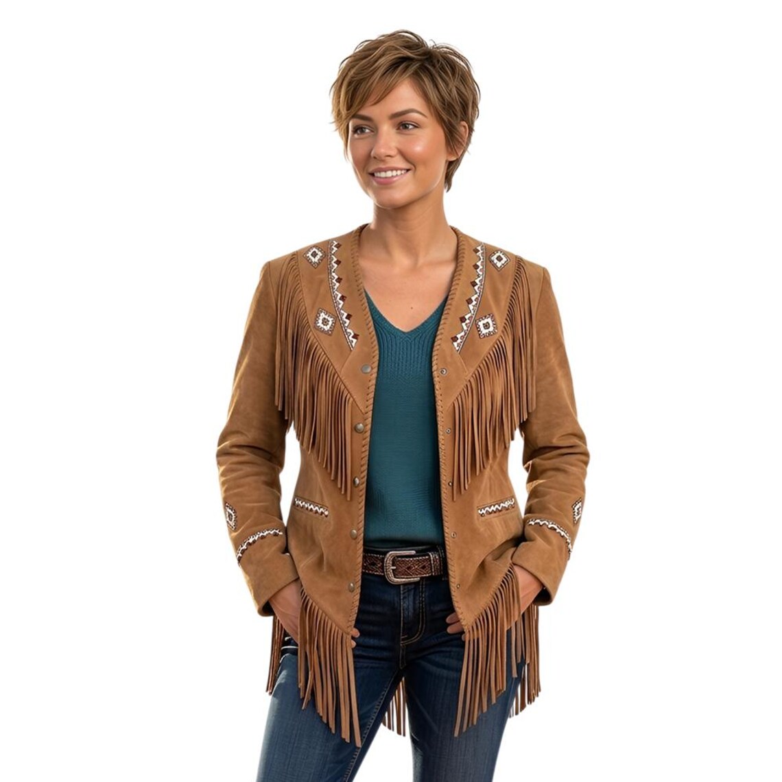 Women’s Western Cowgirl Fringe Suede Jacket – Beaded &amp; Embroidered Style