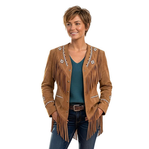 Women’s Western Cowgirl Fringe Suede Jacket – Beaded &amp; Embroidered Style