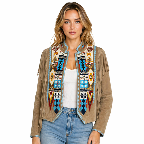 Women’s Western Suede Fringe Jacket – Boho Beaded Cowgirl Style