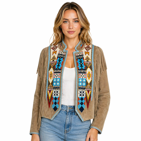 Women’s Western Suede Fringe Jacket – Boho Beaded Cowgirl Style