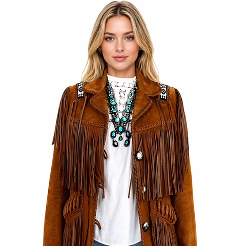 Women’s Western Suede Fringe Jacket – Concho &amp; Beaded Cowgirl Style