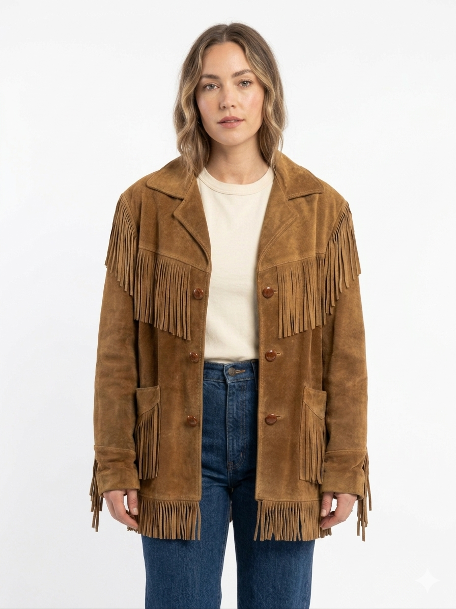 Women's Western Suede Fringe Jacket | Genuine Leather Tan Coat
