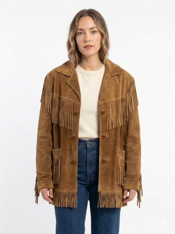 Women's Western Suede Fringe Jacket | Genuine Leather Tan Coat