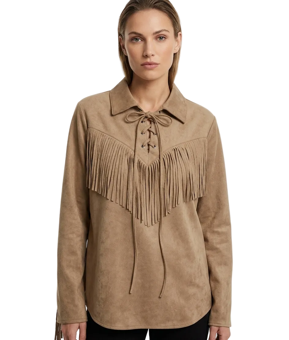 Women’s Western Suede Fringe Pullover Shirt – Camel Cowgirl Style