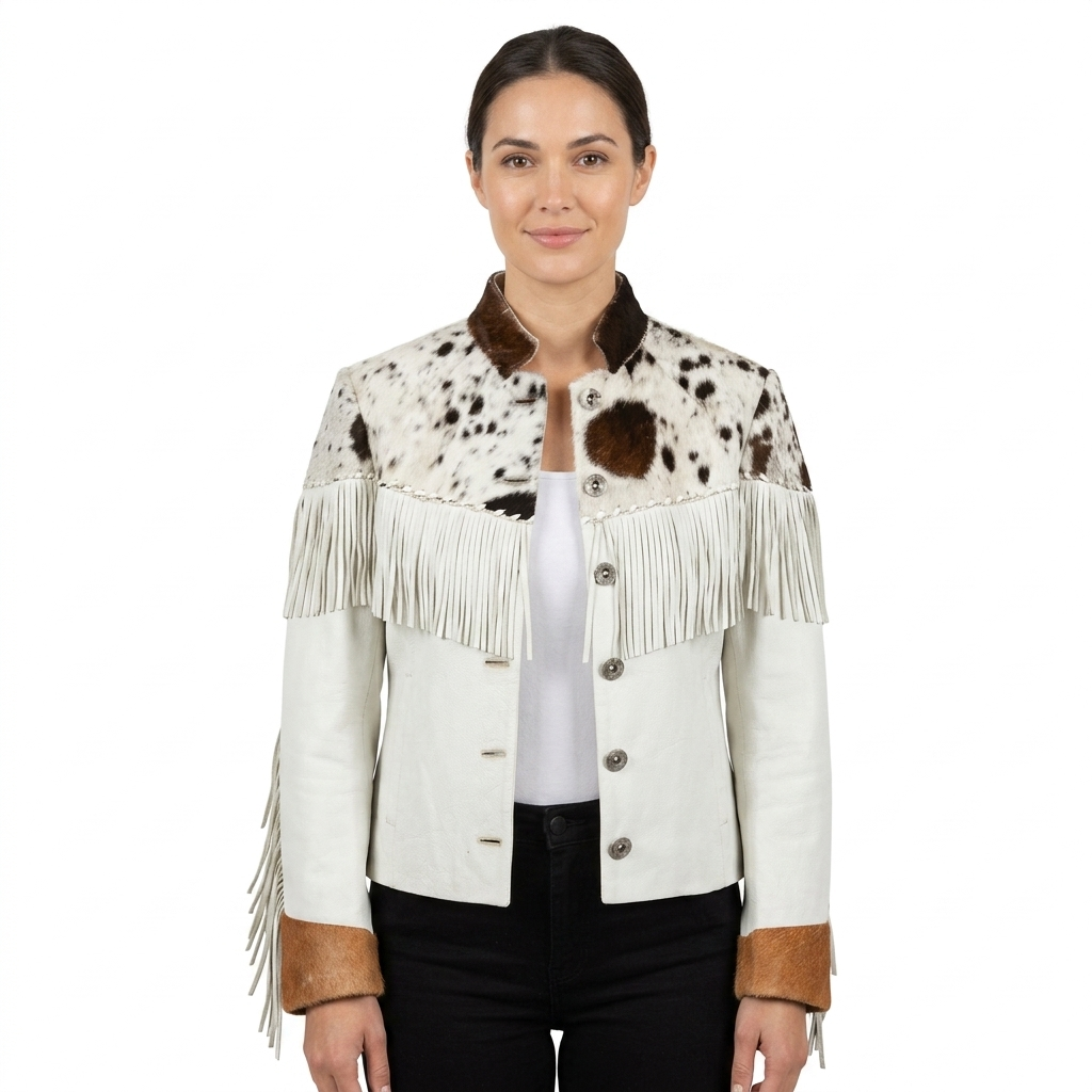 Women's White Leather Western Fringe Jacket | Cowhide Fur Trim Cowgirl Coat