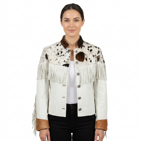 Women's White Leather Western Fringe Jacket | Cowhide Fur Trim Cowgirl Coat