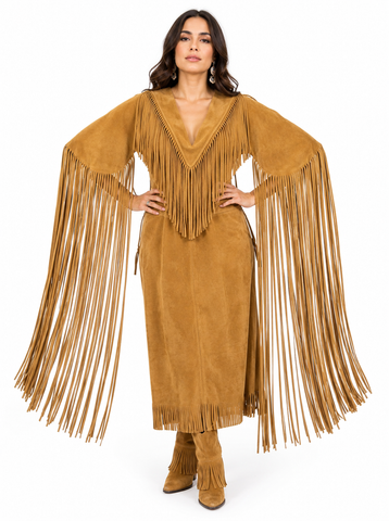 Womens Suede Fringe Gown | Statement Leather Tassel Dress