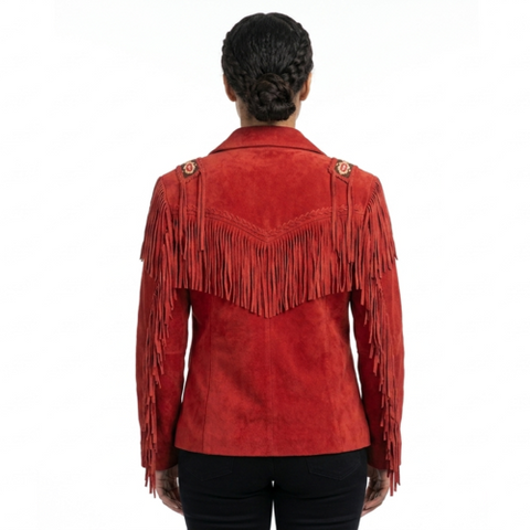 Womens Suede Fringe Jacket Western Cowgirl Beaded Floral Vintage Coat