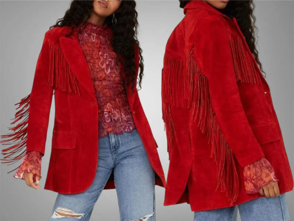 Women's Red Fringe Suede Leather Jacket – Western Cowgirl Style