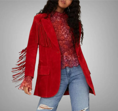 Women's Red Fringe Suede Leather Jacket – Western Cowgirl Style