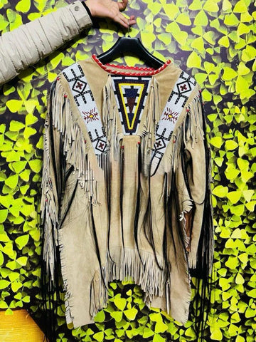 Handmade Old Style Beige cowhide Suede Hide Beaded Fringe Powwow War Shirt & Pant native