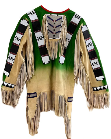 Handmade Old Style Beige cowhide Suede Hide Beaded Fringe Powwow War Shirt native|vitage style | fringe style | two-tone color