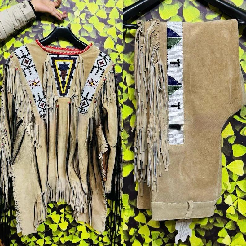Handmade Old Style Beige cowhide Suede Hide Beaded Fringe Powwow War Shirt & Pant native