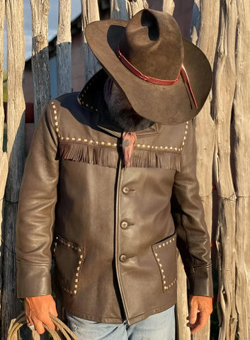 Handmade Western Leather Jacket for Men | Cowboy Fringe Coat with Stud Details | Vintage Style Ranch Wear | Rustic Brown Jacket