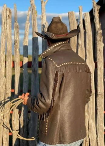 Handmade Western Leather Jacket for Men | Cowboy Fringe Coat with Stud Details | Vintage Style Ranch Wear | Rustic Brown Jacket