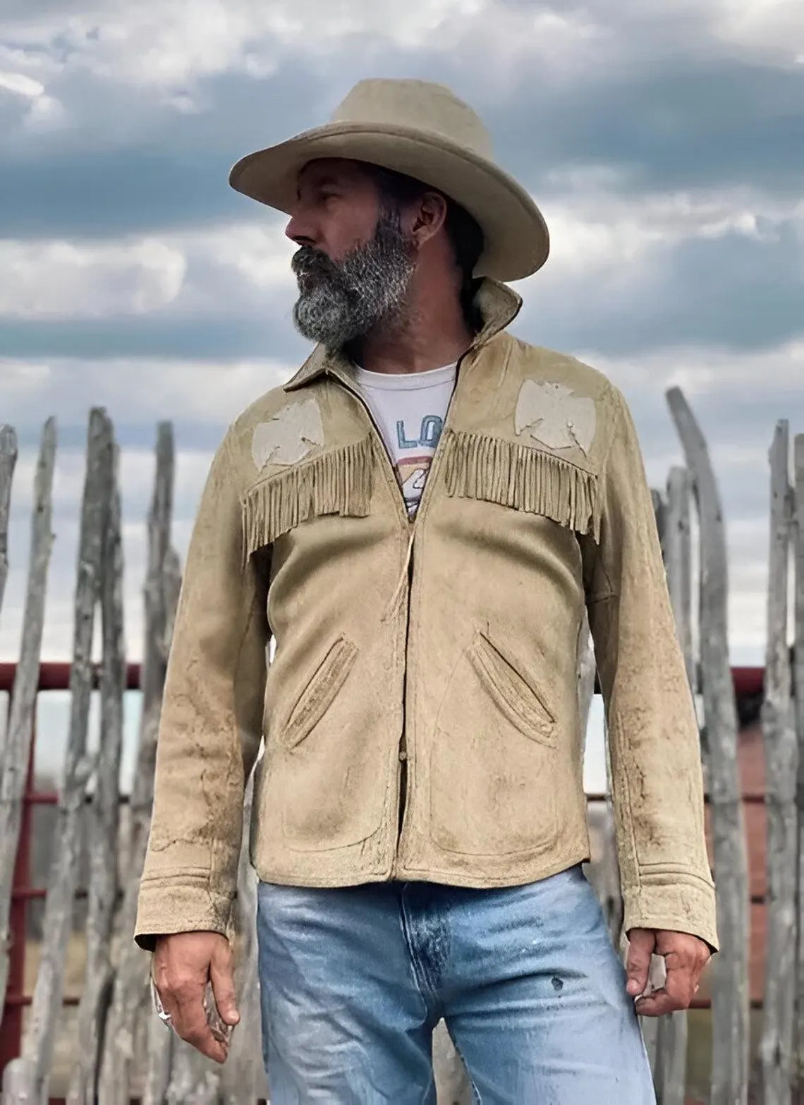 Handmade Suede Leather Fringe Jacket for Men | Western Cowboy Style Coat | Light Tan Vintage Rodeo Jacket | Boho Ranch Wear