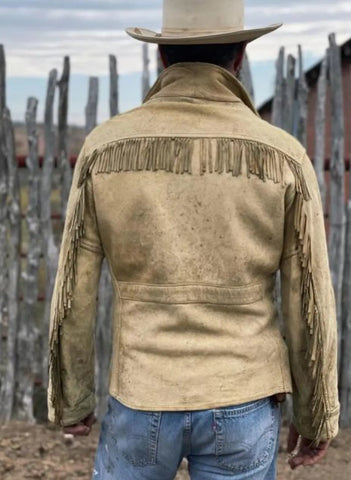 Handmade Suede Leather Fringe Jacket for Men | Western Cowboy Style Coat | Light Tan Vintage Rodeo Jacket | Boho Ranch Wear