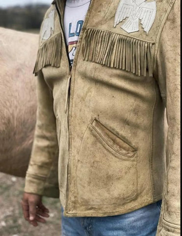 Handmade Suede Leather Fringe Jacket for Men | Western Cowboy Style Coat | Light Tan Vintage Rodeo Jacket | Boho Ranch Wear