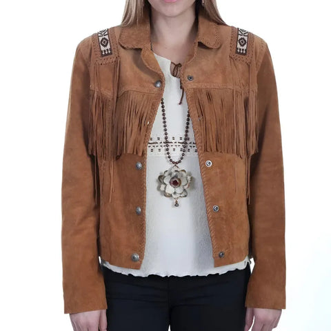 Western Suede Fringe Jacket for Women – Boho Cowgirl Coat with Beaded Accents | Vintage-Inspired Brown Leather Look for Fall & Festivals