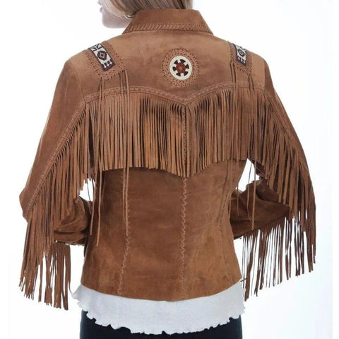 Western Suede Fringe Jacket for Women – Boho Cowgirl Coat with Beaded Accents | Vintage-Inspired Brown Leather Look for Fall & Festivals