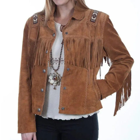 Western Suede Fringe Jacket for Women – Boho Cowgirl Coat with Beaded Accents | Vintage-Inspired Brown Leather Look for Fall & Festivals