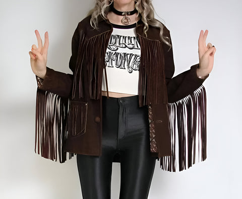 Vintage Suede Fringe Jacket Women’s Boho Western Brown Retro 70s Style Festival Outfit Hippie Cowgirl Coat Long Sleeve Fall Fashion