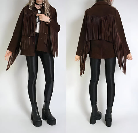 Vintage Suede Fringe Jacket Women’s Boho Western Brown Retro 70s Style Festival Outfit Hippie Cowgirl Coat Long Sleeve Fall Fashion