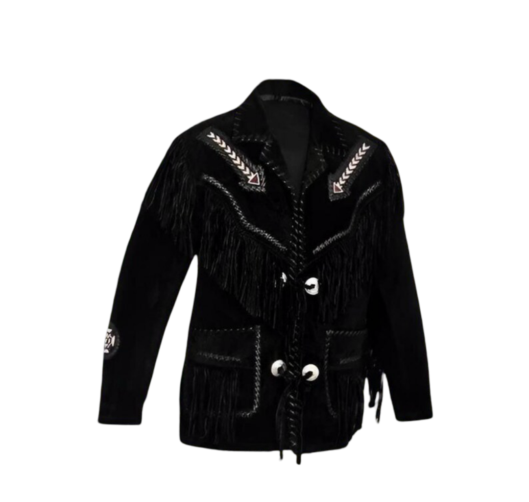 Black Suede Western Fringe Jacket for Men | Native American Cowboy Coat | Tribal Embroidered Rodeo Jacket | Boho Vintage Style