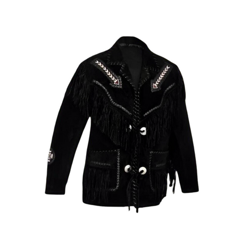 Black Suede Western Fringe Jacket for Men | Native American Cowboy Coat | Tribal Embroidered Rodeo Jacket | Boho Vintage Style
