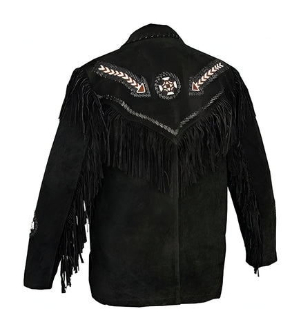 Black Suede Western Fringe Jacket for Men | Native American Cowboy Coat | Tribal Embroidered Rodeo Jacket | Boho Vintage Style