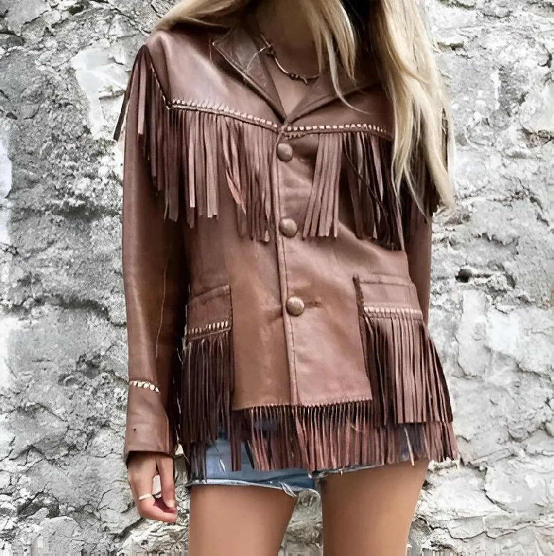 Brown Leather Fringe Jacket – Western Cowgirl Coat – Boho Festival Style – Genuine Leather Retro Outerwear