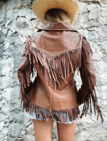 Brown Leather Fringe Jacket – Western Cowgirl Coat – Boho Festival Style – Genuine Leather Retro Outerwear